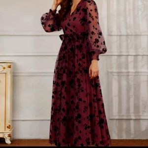 NWOT Allover Floral Print Bishop Sleeve Wrap Belted Mesh Dress